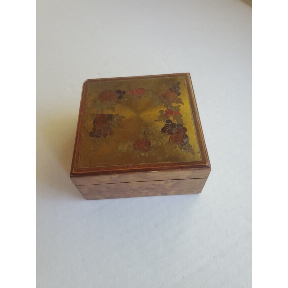 Vintage Birdseye Maple With Brass Fruit Inlay 4.5 in x 4.5 in Trinket Box